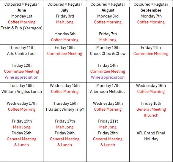 Monthly activities calendar
